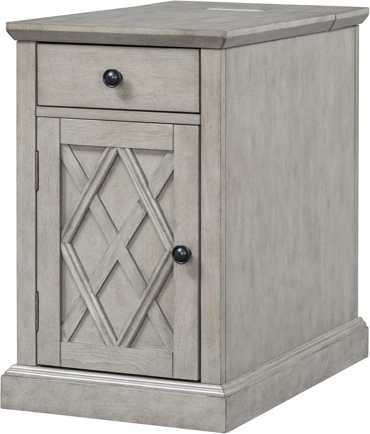 Traditional Wood End Table with Storage & Charging Station, Vintage Farmhouse Nightstand with USB Ports, Small Sofa Side Table for Living Room & Bedroom, Antique Gray