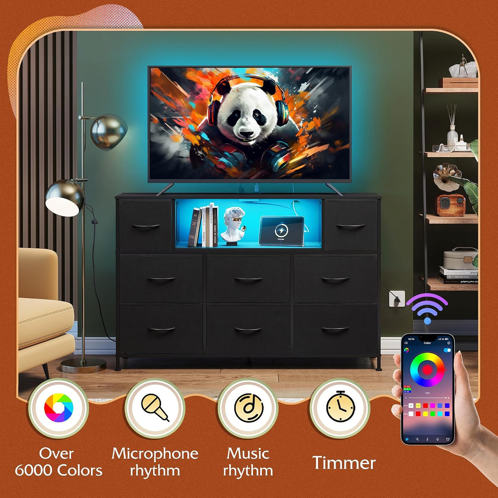 WLIVE LED Dresser TV Stand for 55 Inch TV, 8 Drawers, Black | Fits TVs up to 55 inch, 8 fabric drawers, LED chest of drawers, Built-in power outlet, Living room or bedroom