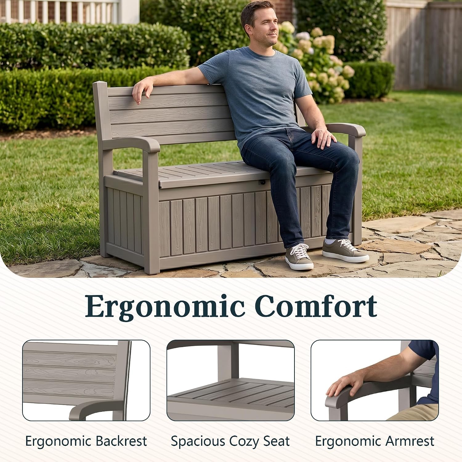 Outdoor Bench with Storage, Waterproof Garden Storage Bench, 100 Gallon Lockable Resin Deck Box, Weatherproof Bench Seating for Patio Yard Cushions Tools, Grey
