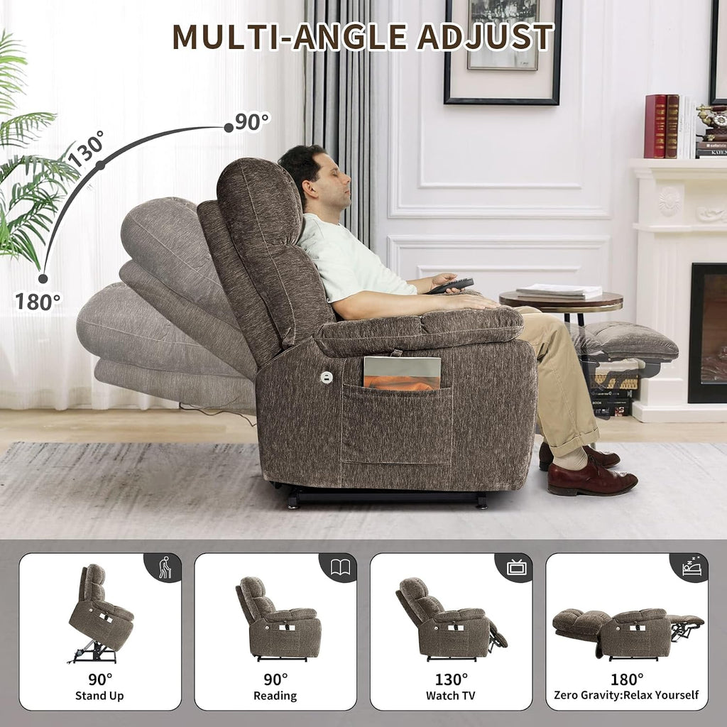Lay Flat Sleeping Dual Motor Lift Recliner Chair with Massage and Heating for Elderly,Infinite Position Soft Fabric Power Electric Recliner Chair (Brown-180-Lay Flat-No Cup Holder)