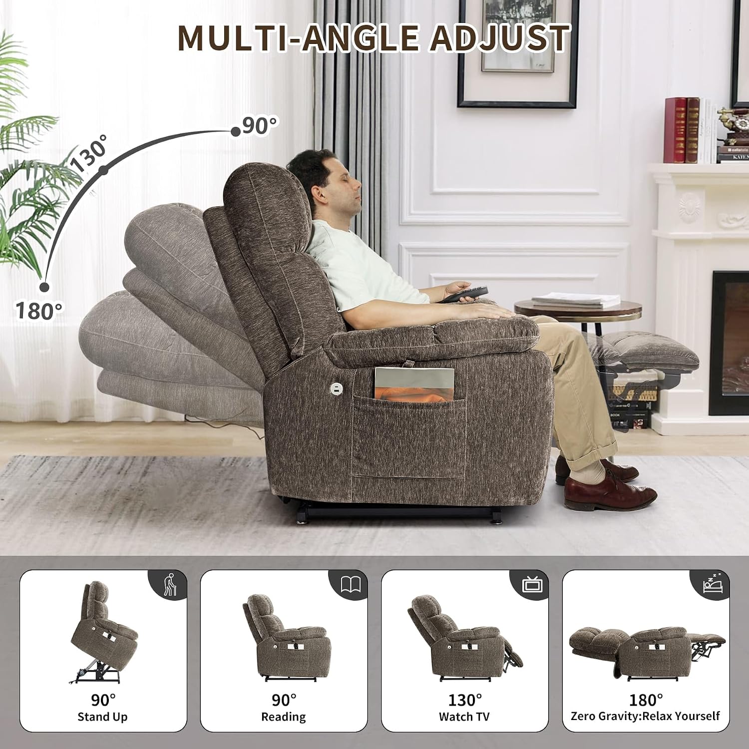 Lay Flat Sleeping Dual Motor Lift Recliner Chair with Massage and Heating for Elderly,Infinite Position Soft Fabric Power Electric Recliner Chair (Brown-180-Lay Flat-No Cup Holder)