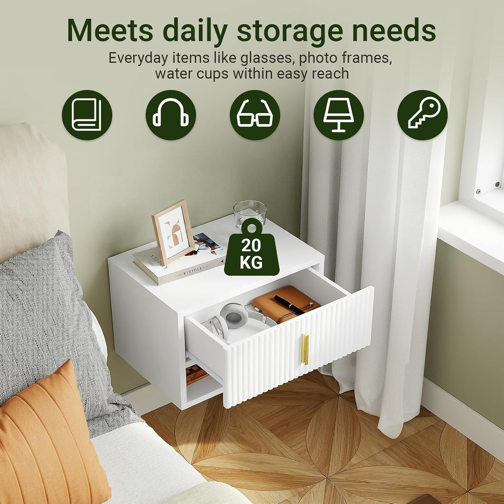SoBuy Floating Nightstand with LED Sensor Light | Slim Wall Mounted Bedside Table with Drawer, Narrow White Nightstand for Bedrooms and Dorms, FBT176-E-