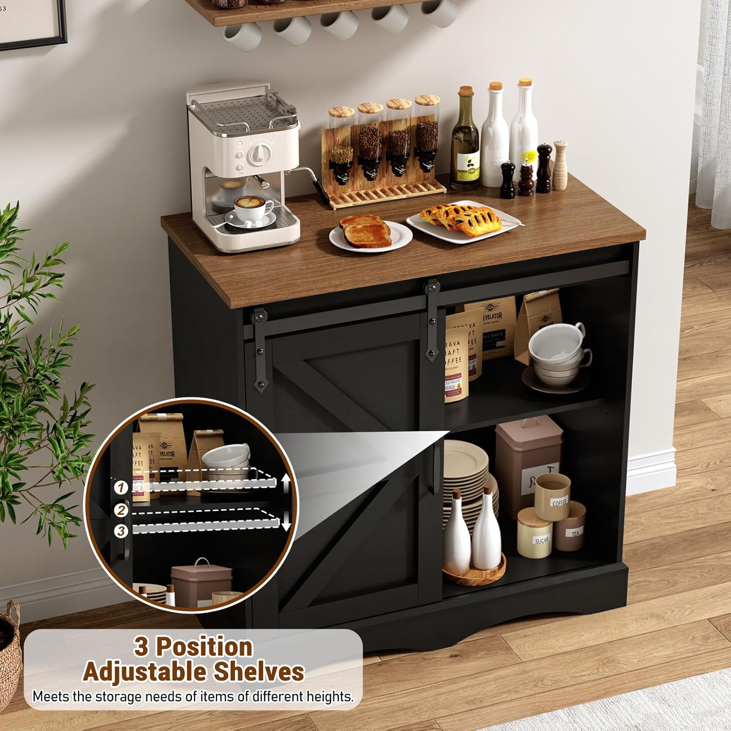 HOMFAMILIA 31.5" H Farmhouse Coffee Bar Cabinet w/Storage, White Kitchen Coffee Station with Sliding Barn Door, Rustic Buffet Cabinet with Adjustable Shelves, for Kitchen, Living Room, Black