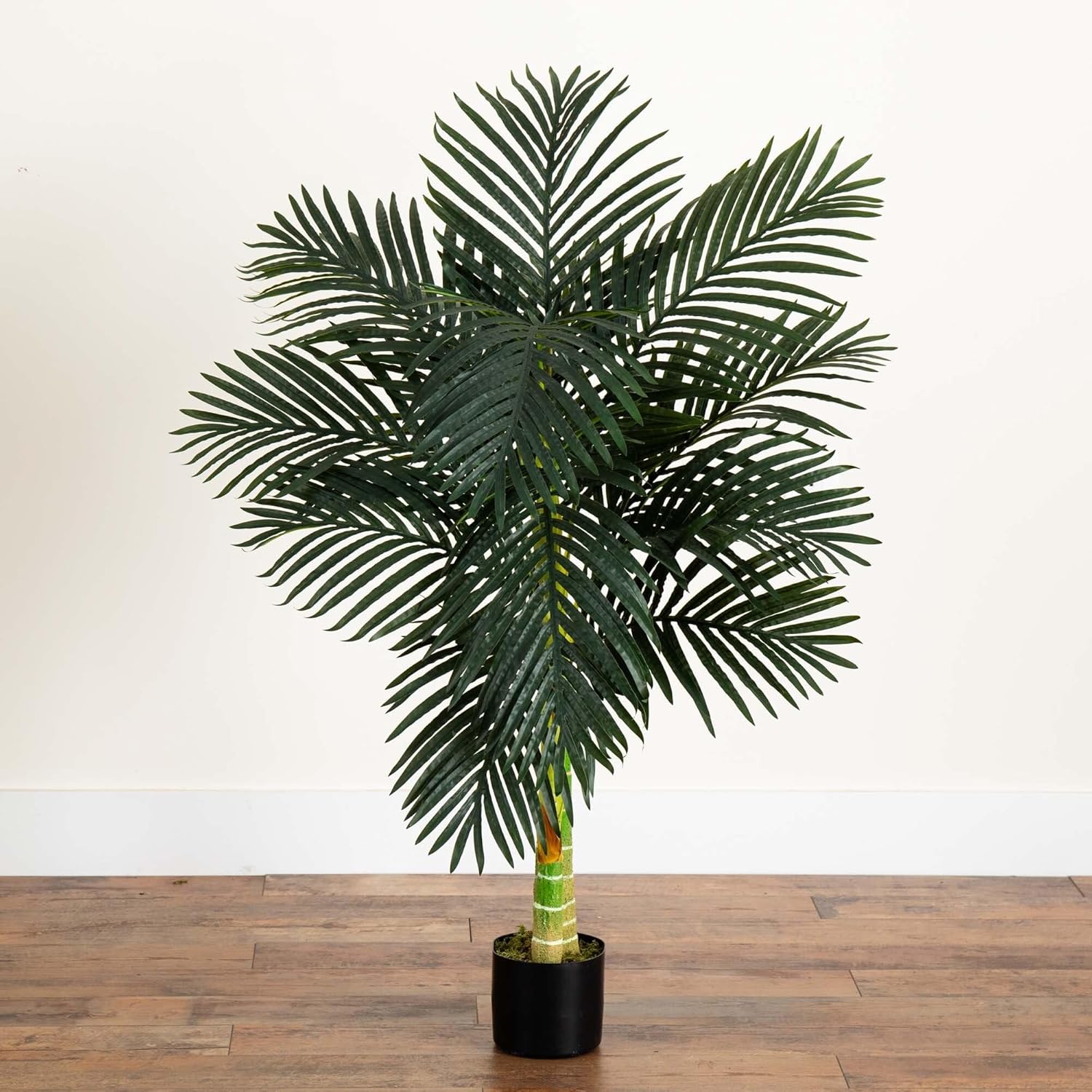 Nearly Natural 4ft Golden Cane Palm, Double Stalk Artificial Tree With Lush Realistic Foliage Maintenance Free Indoor Faux Palm Plant For Living Room, Easy Setup, Perfect Tropical Decoration