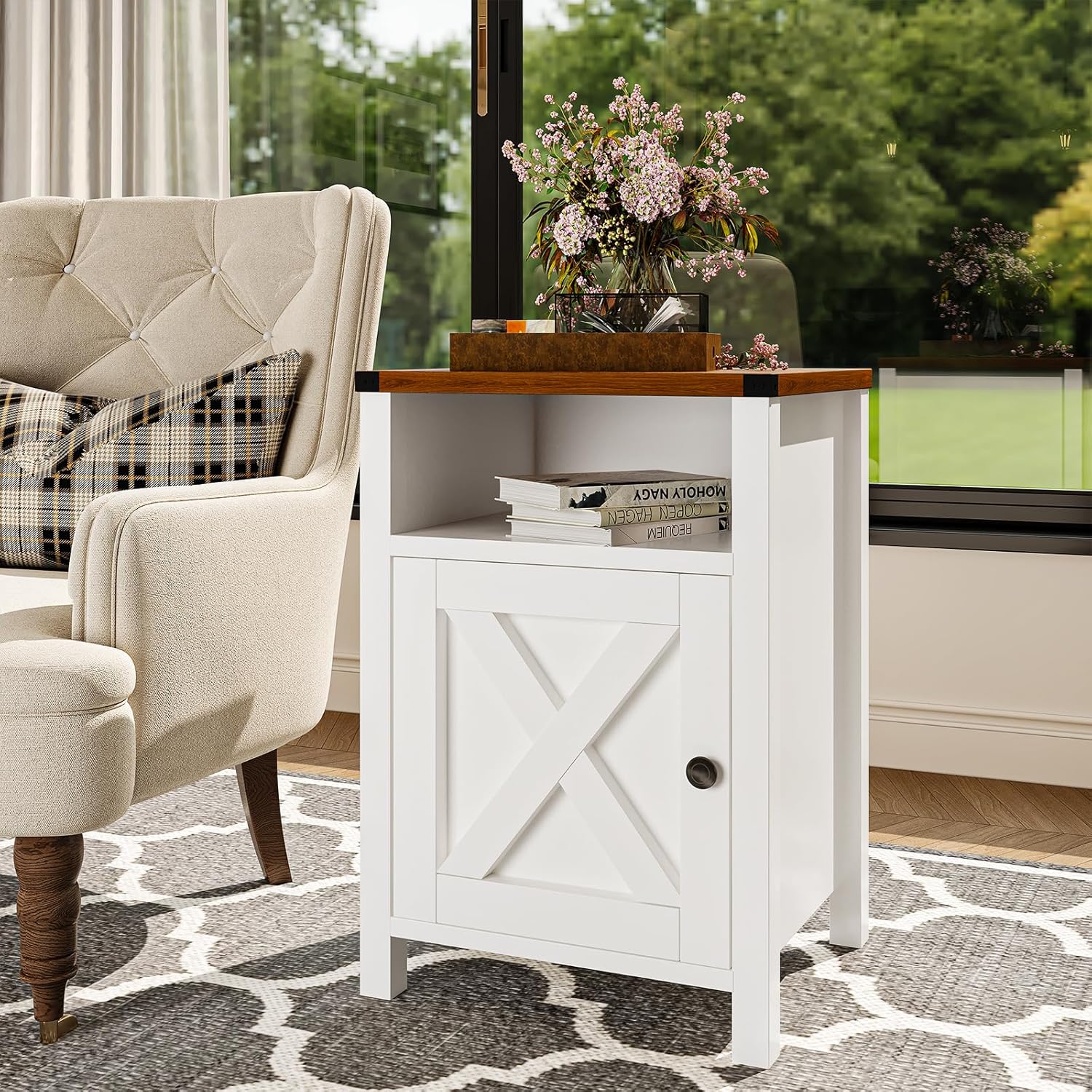 Farmhouse End Table Set of 2, Rustic Vintage End Side Table with Barn Door and Storage Shelf, White Wood Night Satnd for Bedroom, Living Room,White