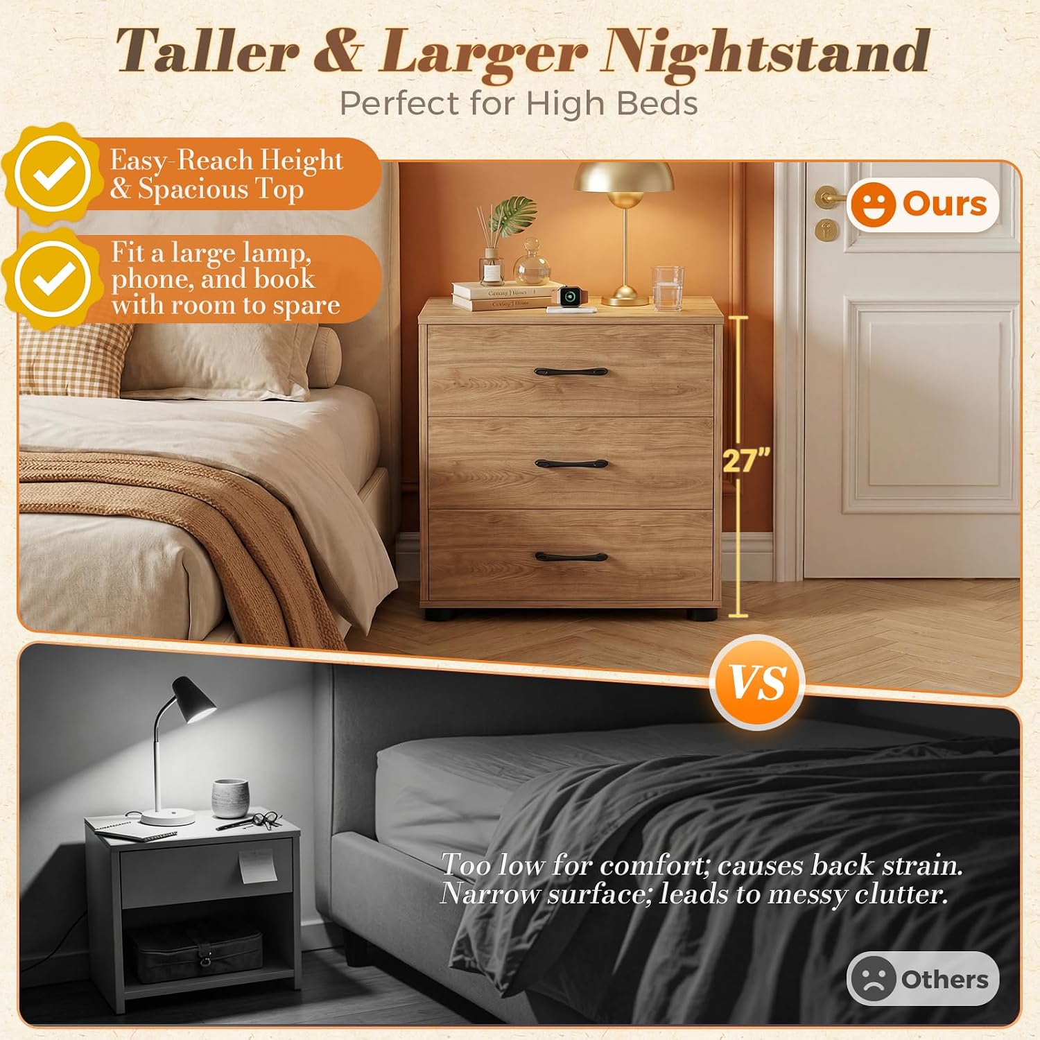 Aheaplus Night Stand with Charger Station, 21.7'' Wider Nightstands with 3 Wooden Drawers, Large Bedside Table, Modern Tall End Side Table, Nightstand for Bedroom, Natural Oak1
