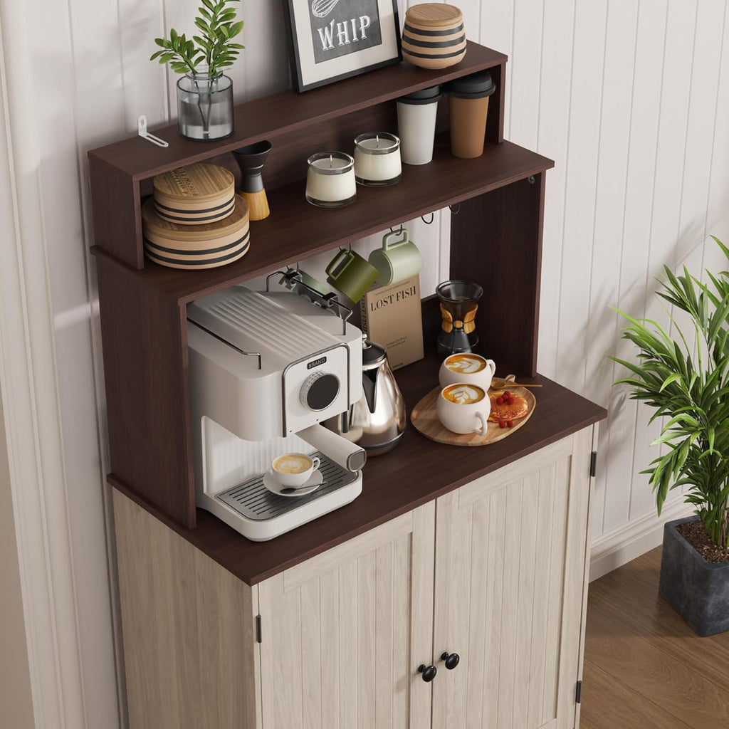 MHOM Farmhouse Bar Cabinet with Storage, Coffee Station Cabinet with 5 Hooks, Small Coffee Bar for Kitchen & Living Room, Antique Oak