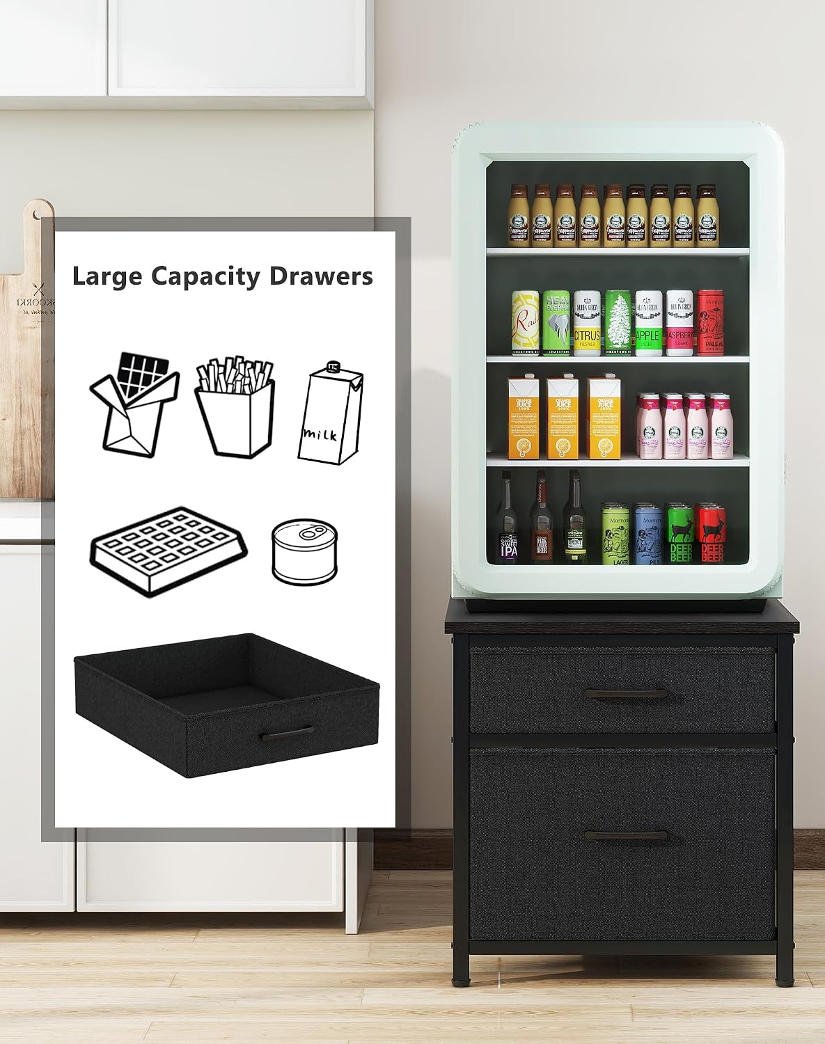 YMYNY Mini Fridge Stand with Storage, Mini Fridge Cabinet with Fabric drawers, 250lbs Heavy-Duty Compact Refrigerator Table, Coffee Bar Shelf, for Home, Office, Bedroom, Black HBR008B
