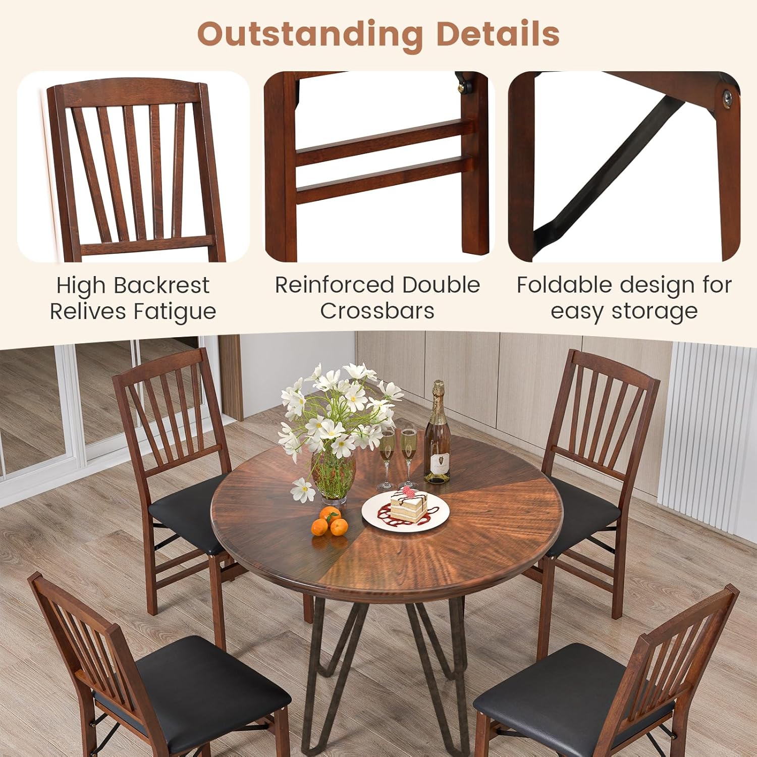 Wooden Folding Chairs Set of 4, Foldable Wood Chairs with Padded Seats, Solid Wood Frame, 400 lbs Weight Capacity, Space Saving Dining Chairs for Small Space, Guests Kitchen (4, Slatted Back)