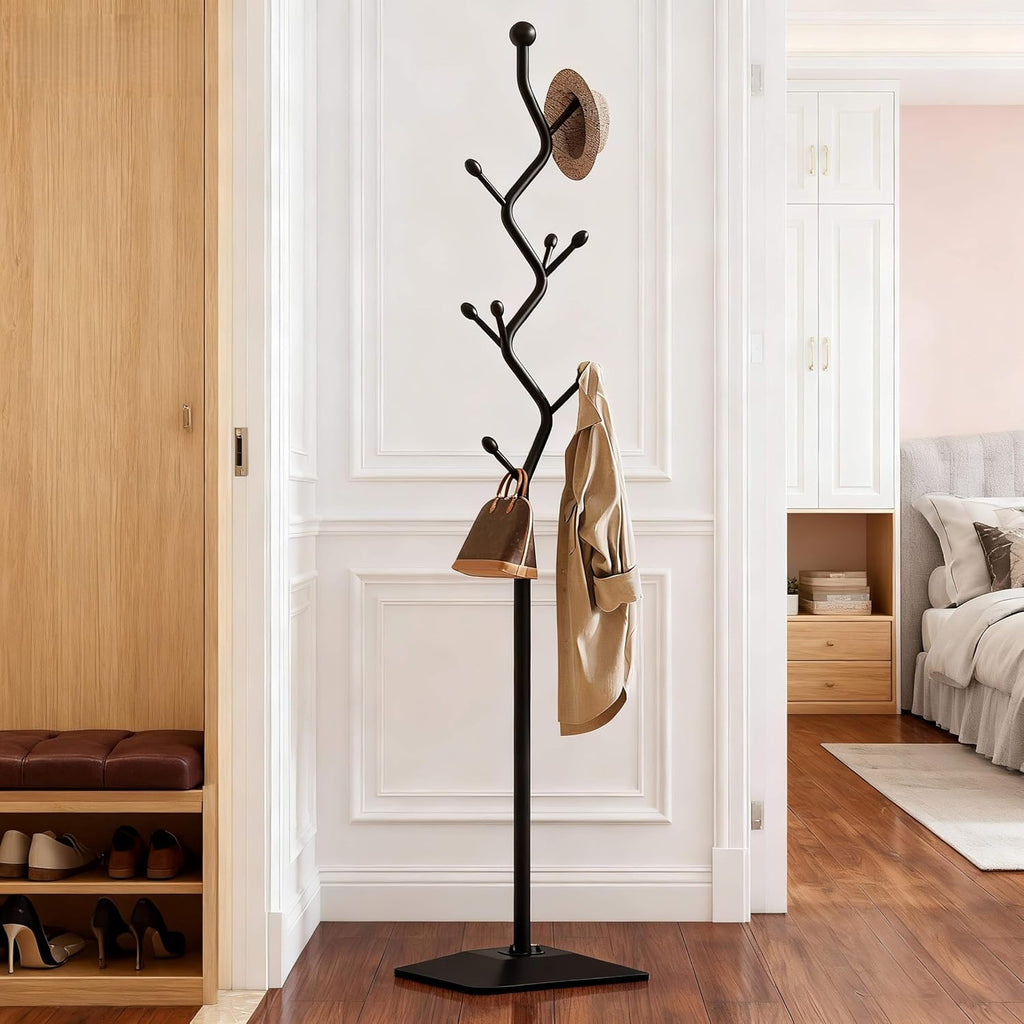 Sturdy Metal Coat rack Tree – Anti-Tip Design with 8 Hooks, Perfect for Home, Dorm, or Office Organization (black)