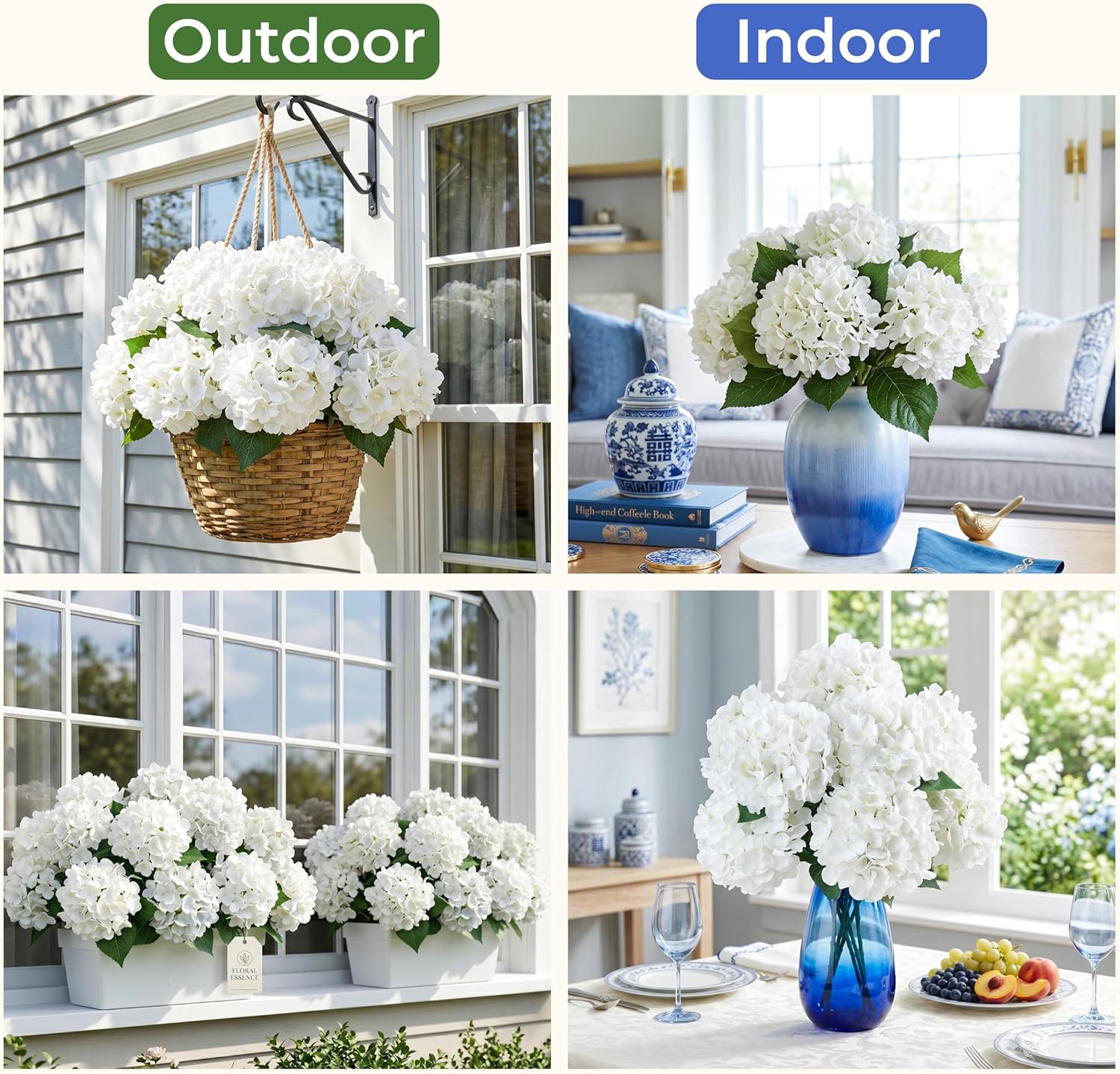 Auihiay 12 Bundles Hydrangea Artificial Flowers for Outdoors and Indoor, UV Resistant White Hydrangeas, Faux Silk Hydrangea Flowers for Porch, Yard, Patio, Outdoors Wedding, Home Decoration