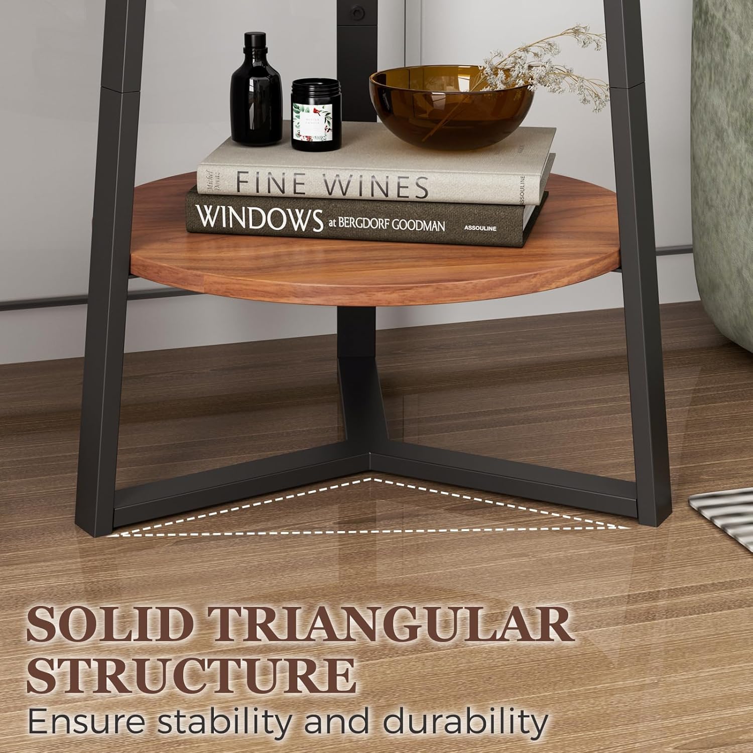 Gadroad Round End Table with Charging Station, Wood Tabletop & Black Metal Frame, 2 Tier Farmhouse Side Table Nightstand for Living Room, Bedroom, Brown 15.7 * 15.7 * 23.0inches