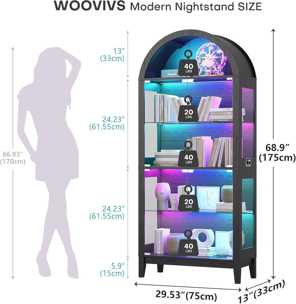 WOOVIVS Glass Display Cabinet with RGB Lights, 69" Tall Curio Cabinet with Rebound Tempered Glass Door, 5-Tier Adjustable Display Case for Living Room (Black)