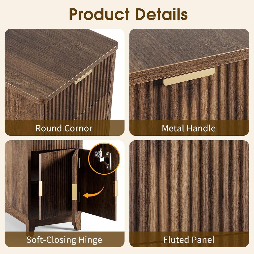 Yoobure End Table with Charging Station - Narrow Side Table for Living Room, Fluted Night Stand with Drawer and Storage Cabinet, Wood Nightstand with Adjustable Shelf for Bedroom Small Spaces
