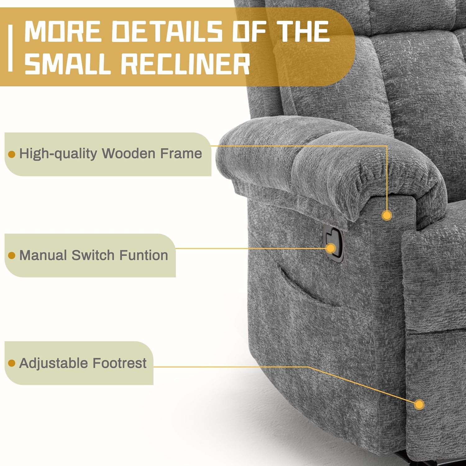 Korser Recliner Chair, Living Room Recliner Chairs for Adults, Small Recliners for Small Spaces, Upholstered Manual Recliner with Side Pockets, Modern Nursery Chair for Living Room, Chenille, Grey
