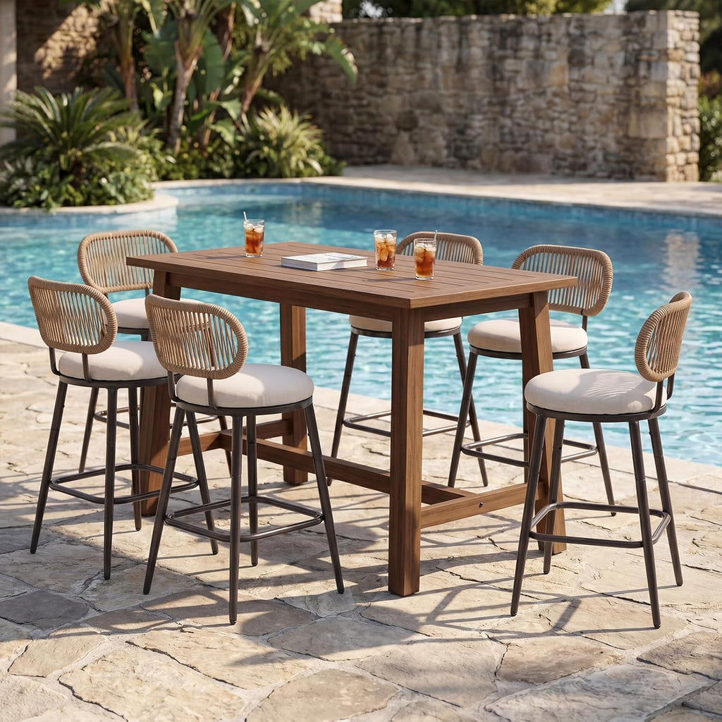 Outdoor Swivel Counter Bar Stools Set of 4, 360° Woven Rope Bar Chairs with Cushioned Seat & Metal Frame, Modern Farmhouse Counter Stools for Patio & Bar Area, Beige