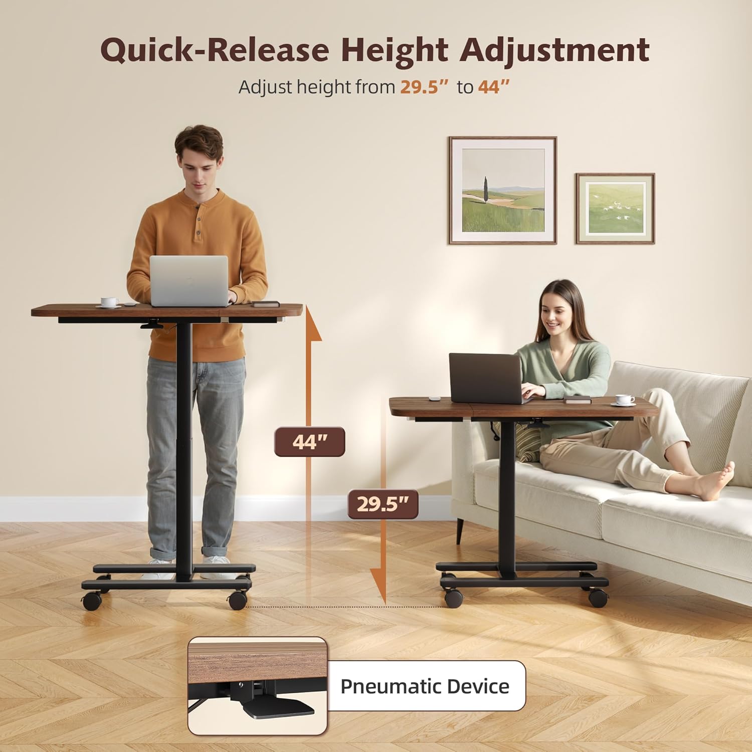 Homkdom C Shaped Table with Wheels, Side End Table with Extended Desktop, Adjustable Rolling Desk for Small Space, Dorm, Height Adjustment (29.5"-44"), Walnut Brown