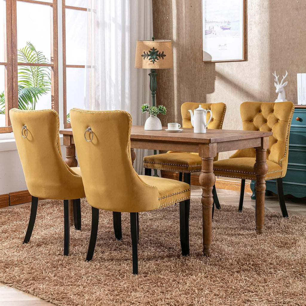Modern Dining Chairs Set of 4, Tufted Upholstered Dining Chair with Solid Wood Legs, Yellow Velvet Accent Chair, Sillas de Comedor, 4 Dining Chairs (Gold, Velvet, 4Pcs)