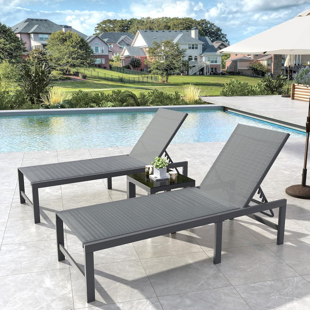 UDPATIO 3 Pieces Pool Lounge Chair Outdoor Chaise Chairs w/Table Adjustable 5-Position Recliner Poolside Sunloungers Lay Flat Sunbathing Chaise with Backrest for Patio,Beach,Yard