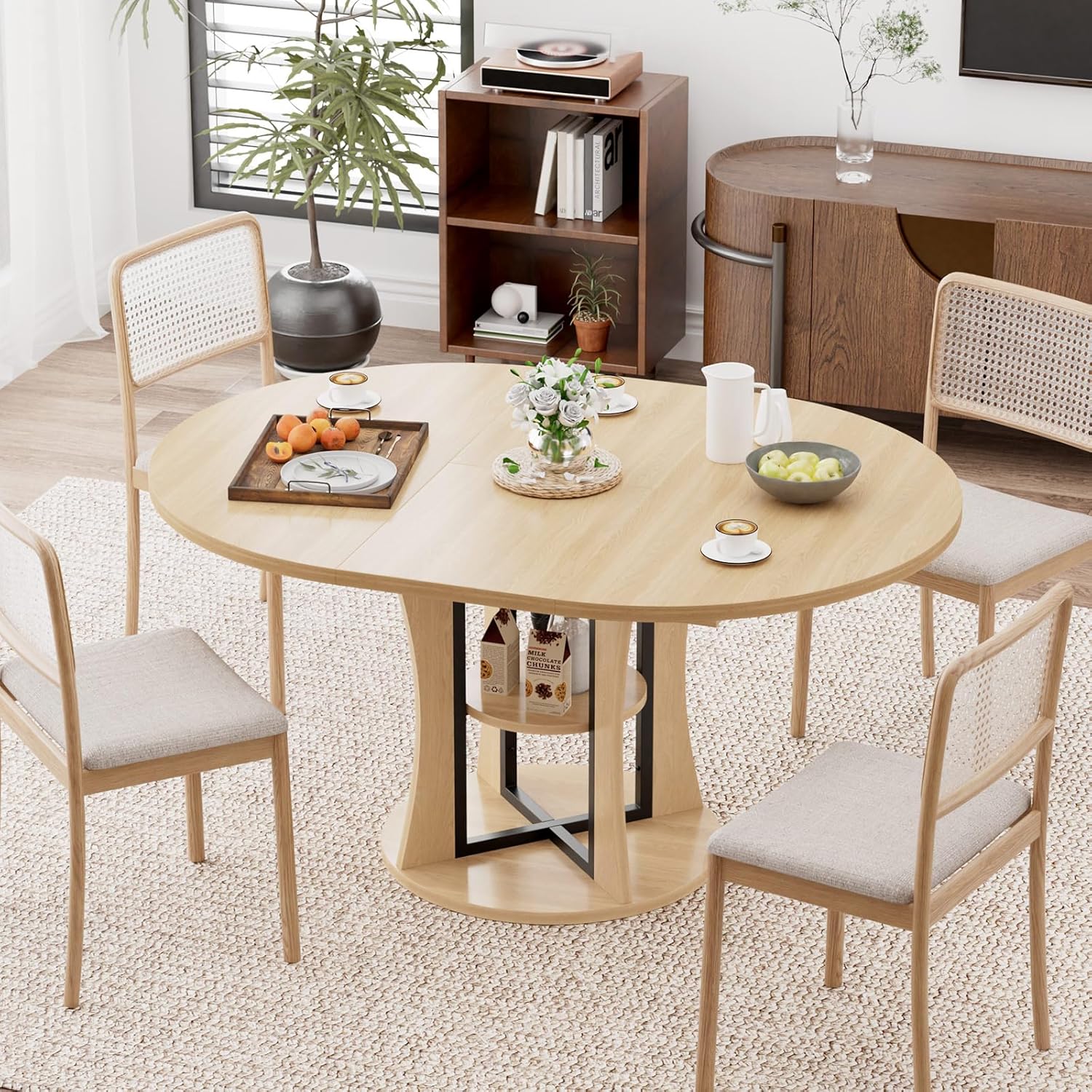 AwayHome 43.3''-59'' Extendable Round Dining Table for 4-8, Modern Kitchen Expandable Dining Table with Storage, Space Saving Circle Oval Kitchen Table with Leaf for Dining Room Living Room