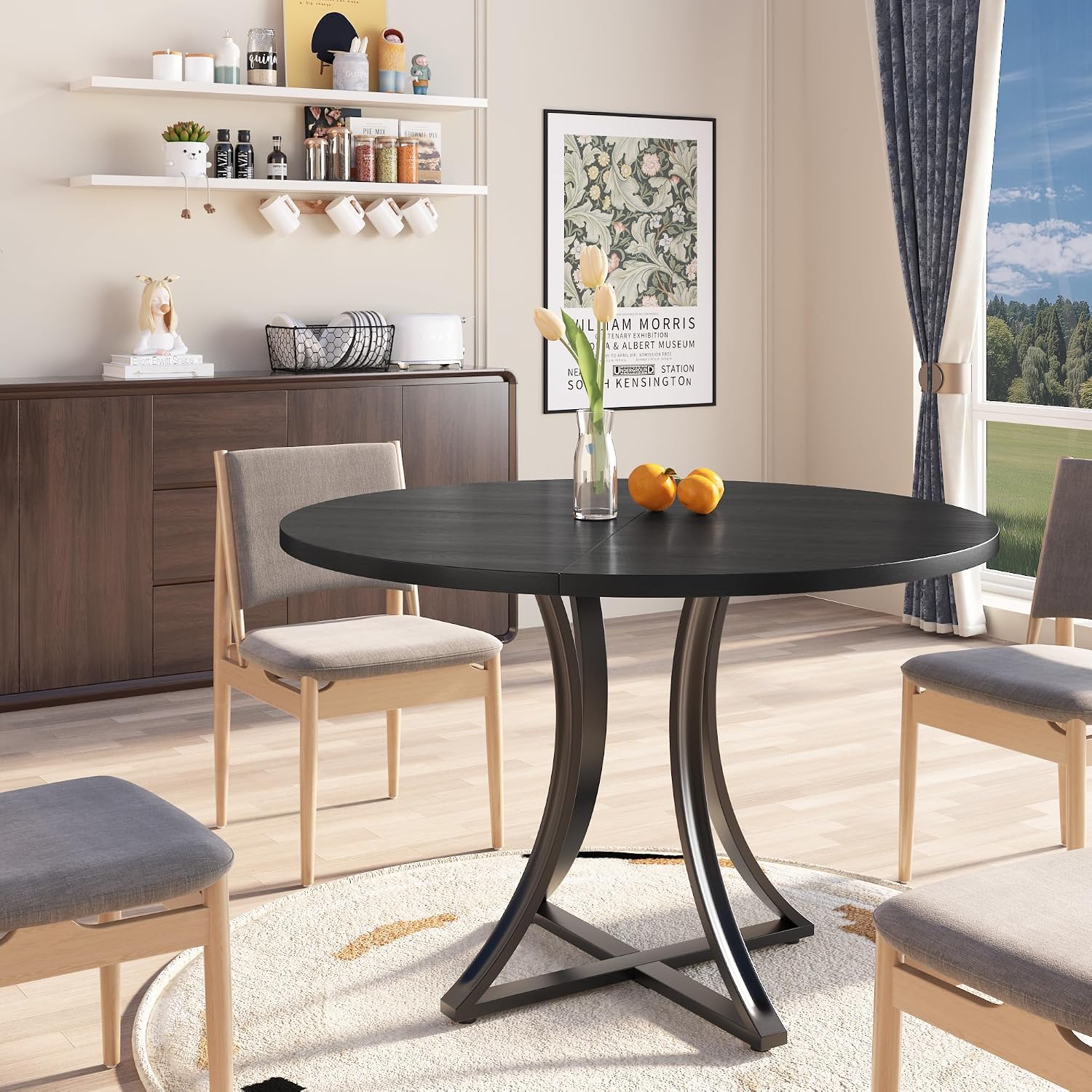 40 Inch Round Dining Table for 4 People, Modern Farmhouse Kitchen Table, Adjustable Feet, Circle Wood Dinner Table for Dining Room, Living Room, Apartment, Easy Assembly