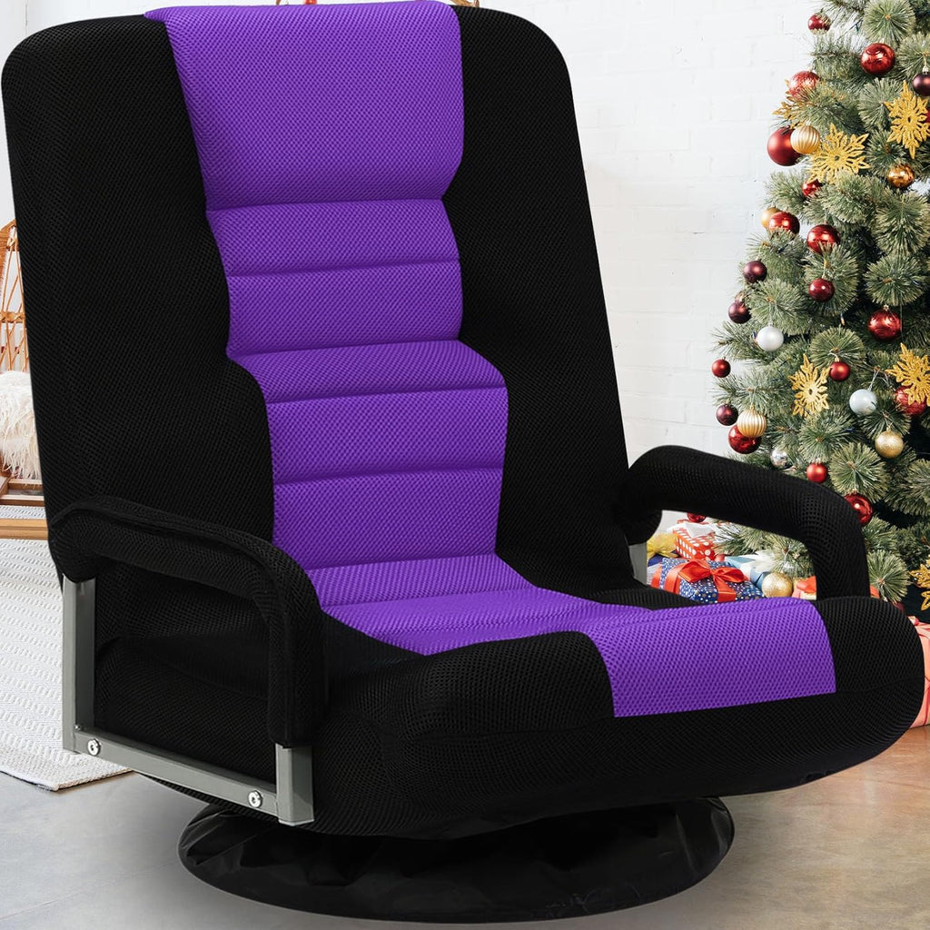 Swivel Gaming Chair Multipurpose Floor Gaming Chair for Playing Video Games, TV, Reading w/Armrest Lumbar Support & 6 Adjustable Postion Backrest for Adults,Purple