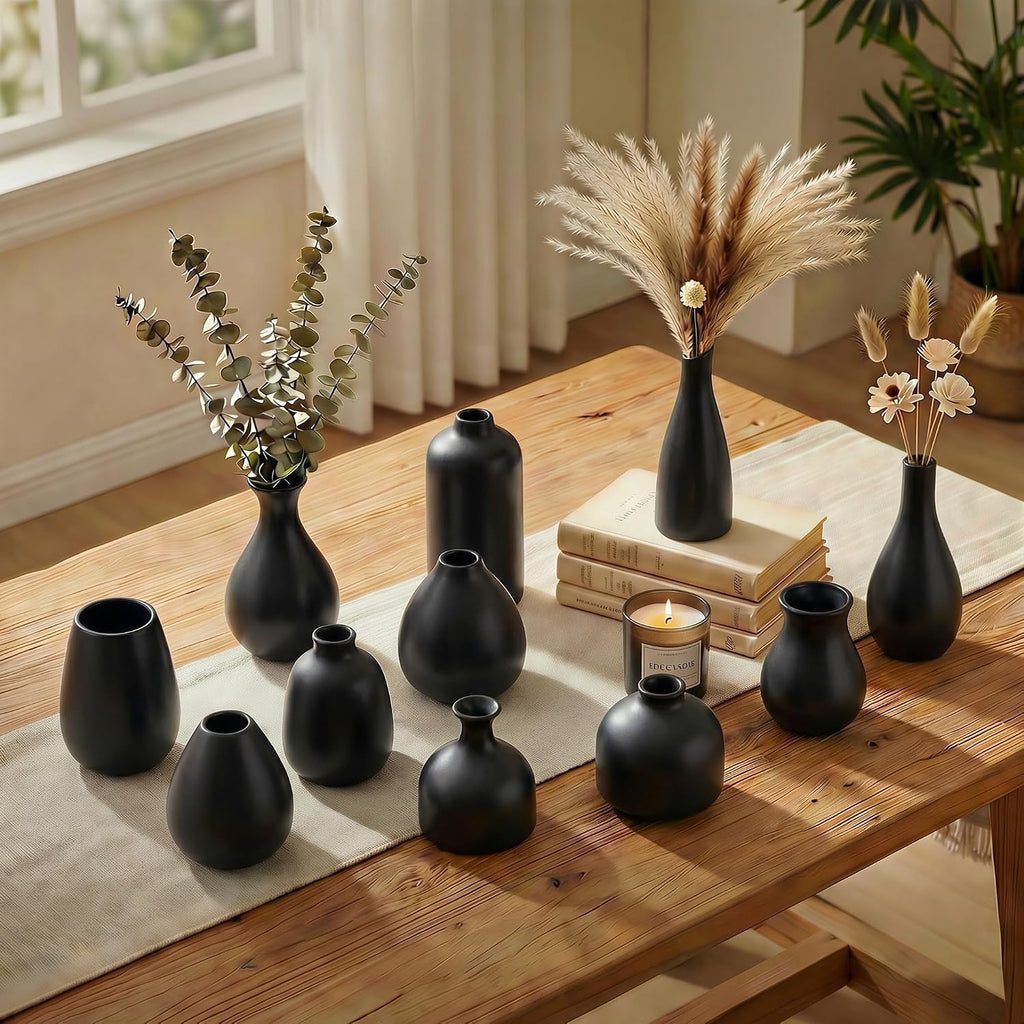 Black Bud Vases, Small Ceramic Vase Set of 11, Mini Pottery Vases for Flowers, Minimalist Boho Small Pampas Grass Flower Vase for Farmhouse Home Decor, Wedding Centerpiece, Shelf and Table Decoration
