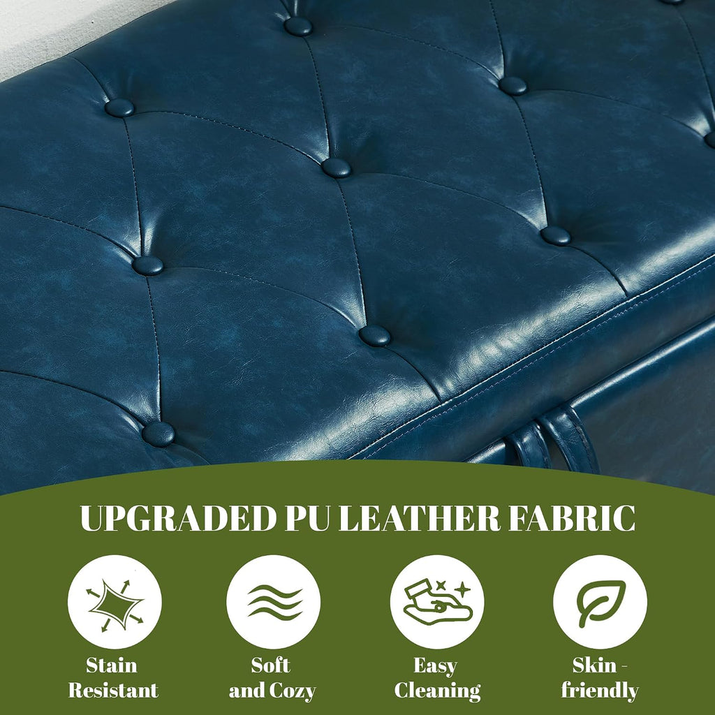 48" PU Leather Storage Ottoman Benches for Bedroom,Tufted Ottomans with Storage for Living Room,Mid Century Modern Bench with Seating for Entryway,Window,Bedside (PU Blue, 48 inch)