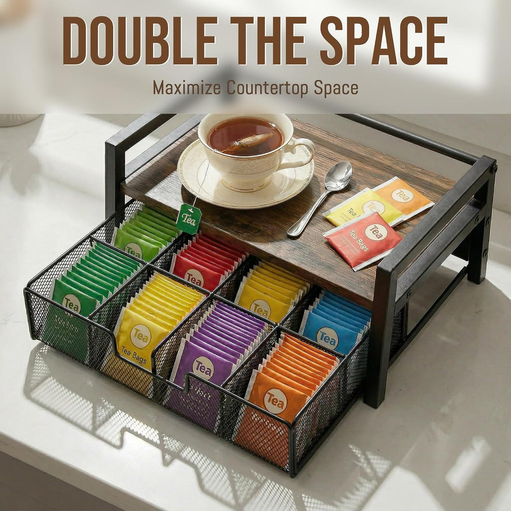 Tea Bag Organizer for Countertop, Tea Bag Storage Organizer with Drawer and Top Tray, Vintage Wood Grain Tea Organizer with Metal Frame, Tea Station Organizer for Tea Bags Coffee Sweetener Packets