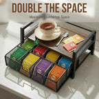 Tea Bag Organizer for Countertop, Tea Bag Storage Organizer with Drawer and Top Tray, Vintage Wood Grain Tea Organizer with Metal Frame, Tea Station Organizer for Tea Bags Coffee Sweetener Packets