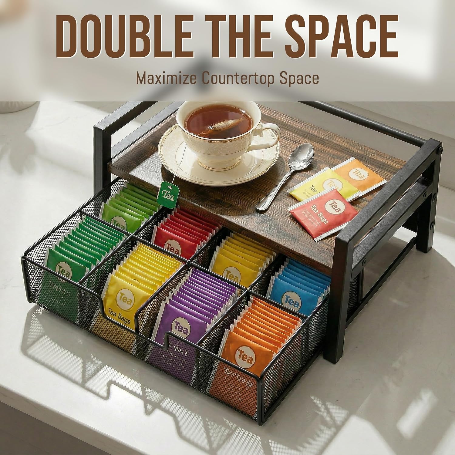 Tea Bag Organizer for Countertop, Tea Bag Storage Organizer with Drawer and Top Tray, Vintage Wood Grain Tea Organizer with Metal Frame, Tea Station Organizer for Tea Bags Coffee Sweetener Packets