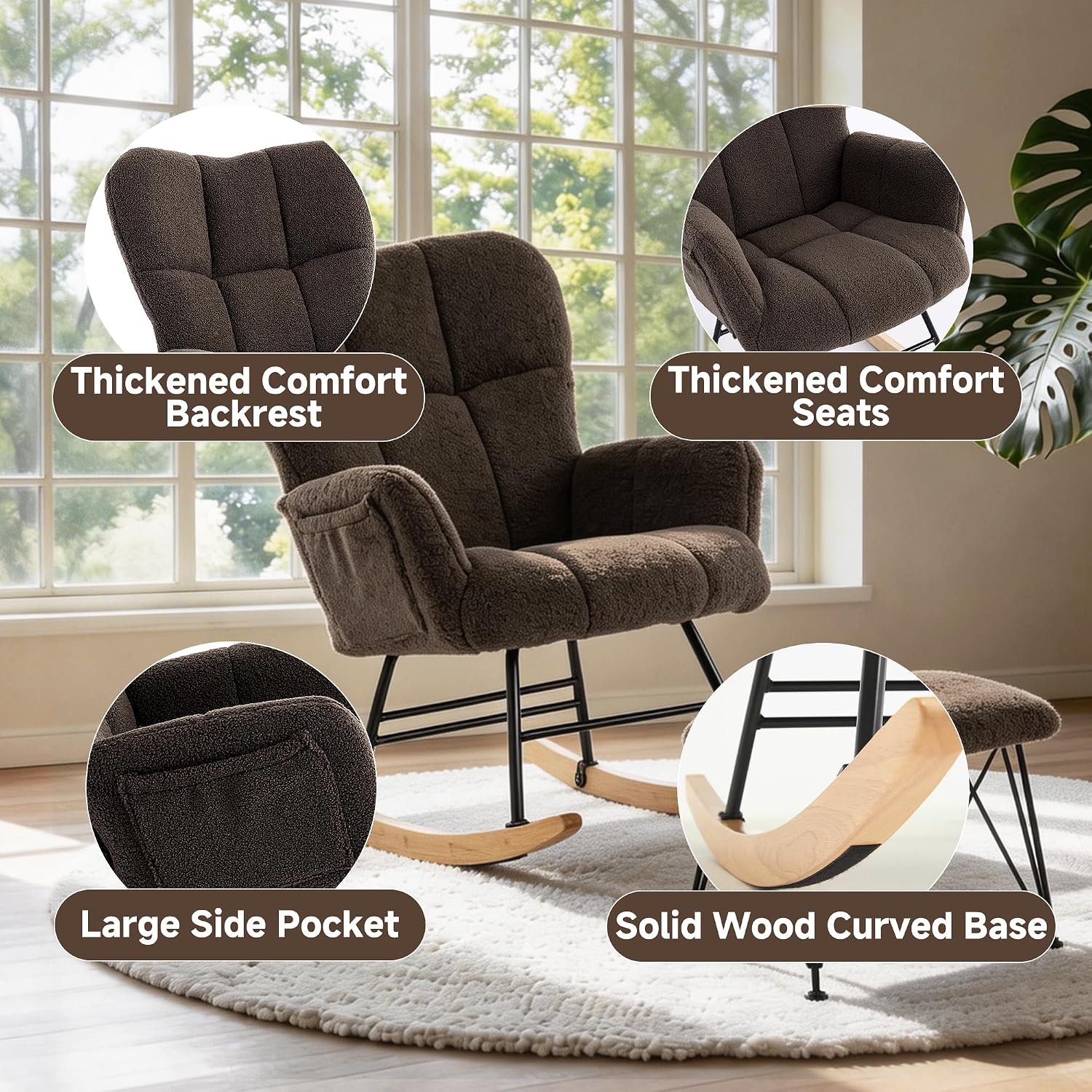KEEZY Nursery Rocking Chair with Footrest,Teddy Upholstered Glider Rocker Rocking Accent Chair Padded Seat with High Backrest Armchair Comfy Side Chair for Living Room Bedroom (Teddy)