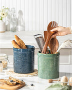 Kitchen Utensil Holder, 7 Inches Large Ceramic Utensil Holder for Countertop, Lace Emboss Cooking Utensil Crocks for Kitchen, Home Decor, Reactive Blue