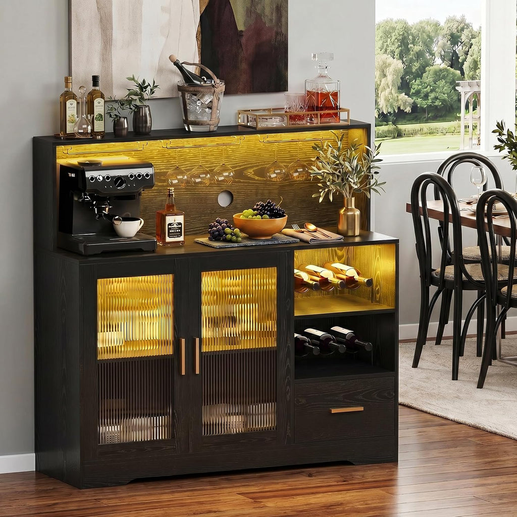 Wine Bar Cabinet with LED Lights Power Outlet Liquor for Home Black | Storage drawer, glass holders, wine racks, adjustable shelves, acrylic door, P2 MDF, for living room kitchen, modern design