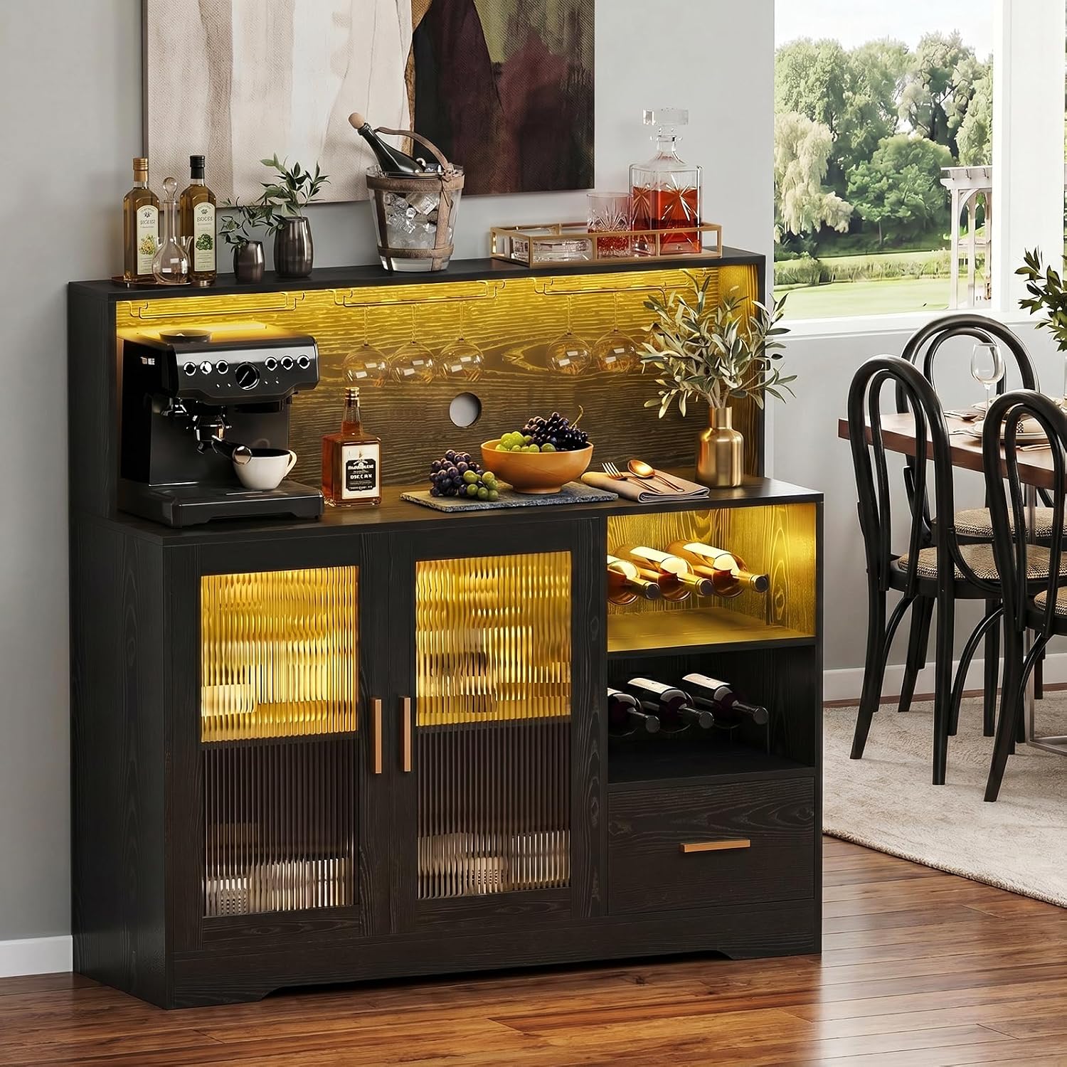 Wine Bar Cabinet with LED Lights Power Outlet Liquor for Home Black | Storage drawer, glass holders, wine racks, adjustable shelves, acrylic door, P2 MDF, for living room kitchen, modern design