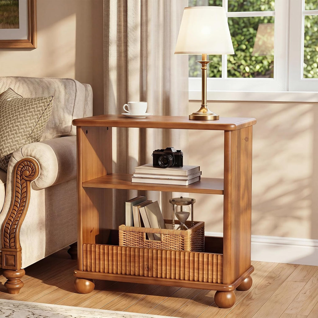 3-Tier Solid Wood End Table with Storage Shelf for Living Room | Farmhouse Rustic Style, 23.6" Rectangular Narrow Compact Side Table Nightstand, Easy Assembly, for Small Space