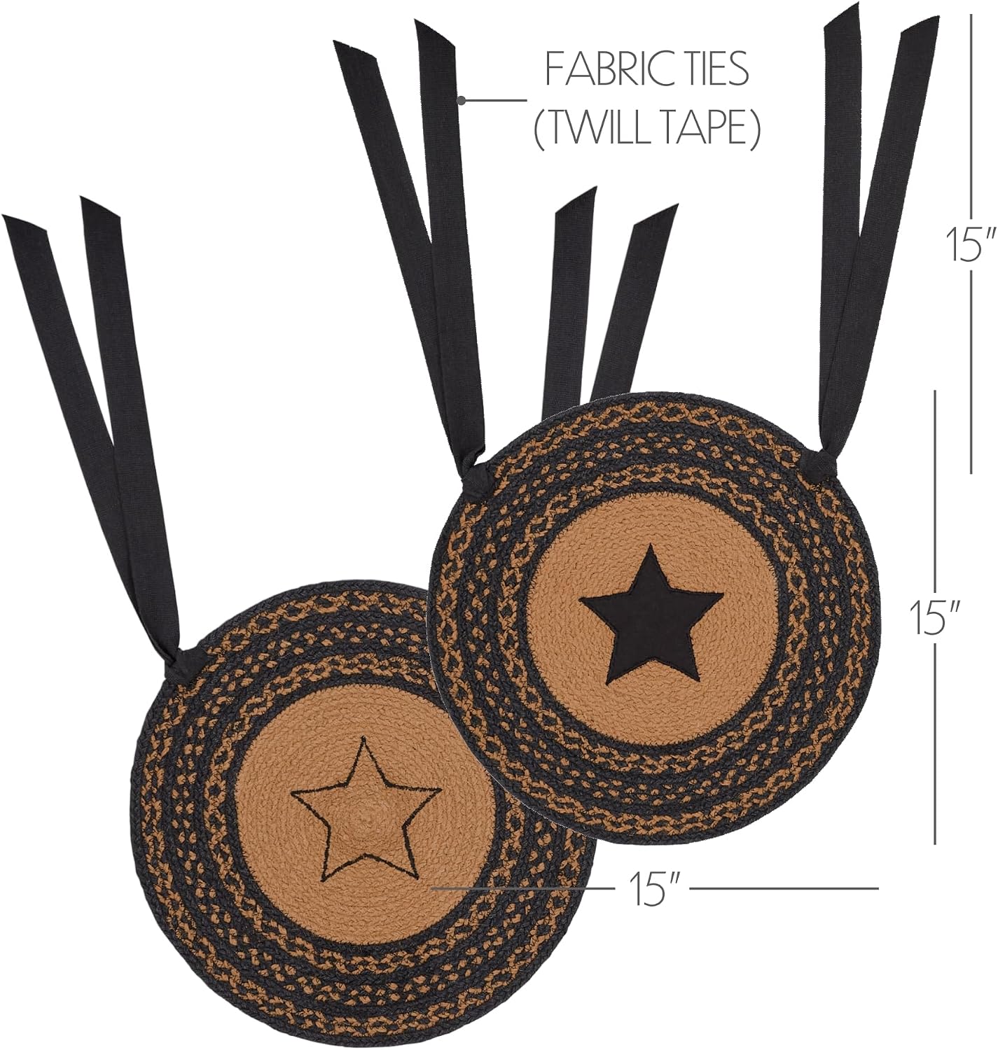 VHC Brands Farmhouse Star Primitive Chair Pad Seat Cushion, Round, Braided Jute, Black Tan, 15 inch, Set of 8