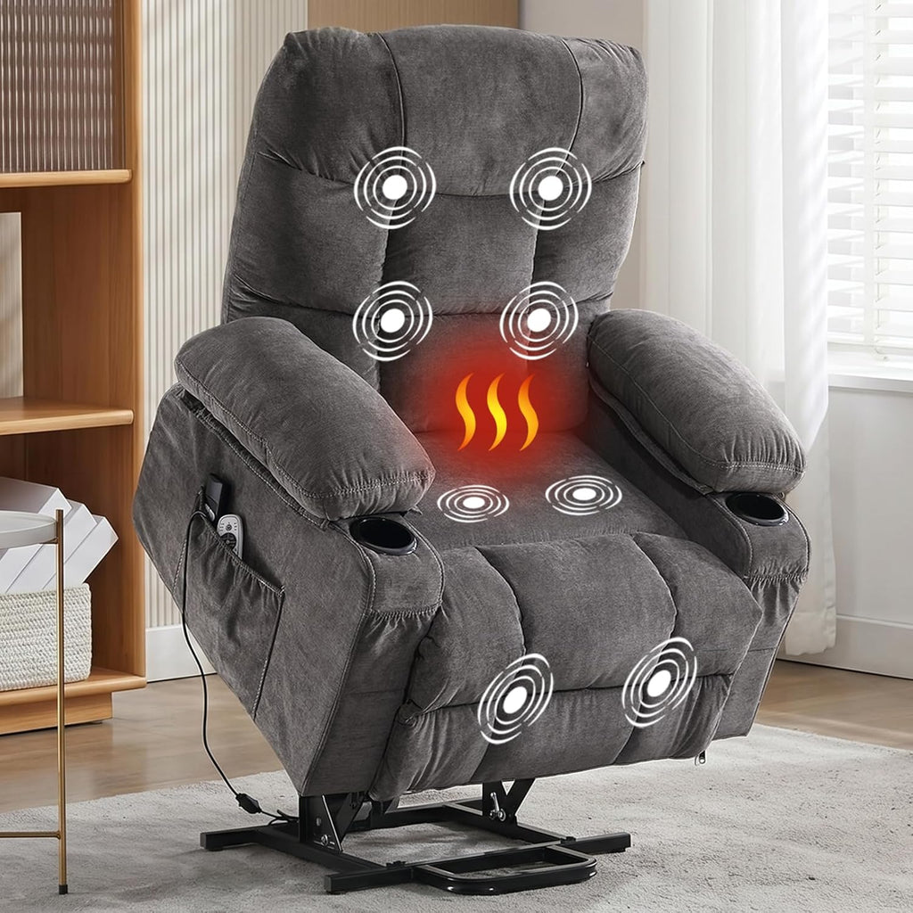 Power Lift Recliner Chair for Elderly with Lumbar Heat and Vibration Massage, Electric Lift Recliner Chair with Remote Control and USB Port,4 Storage Pockets & 2 Cup Holders for Living Room - Grey