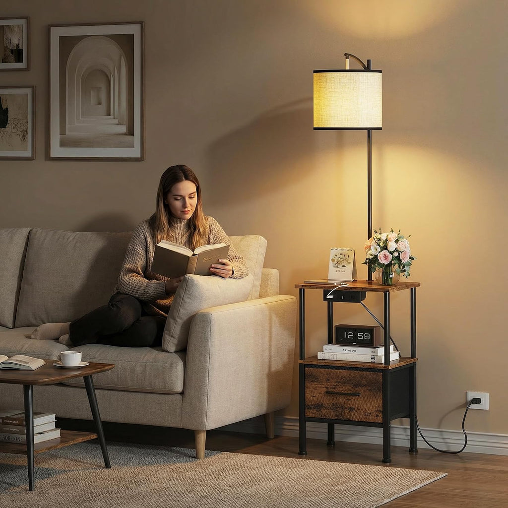 HIGDBFE End Table with Light Set of 2, Side Table with Charging Station & USB Ports, Nightstand with Fabric Drawer, Coffee Table with 3 Color Temperatures Light for Living Room, Rustic Brown, 14.9" W