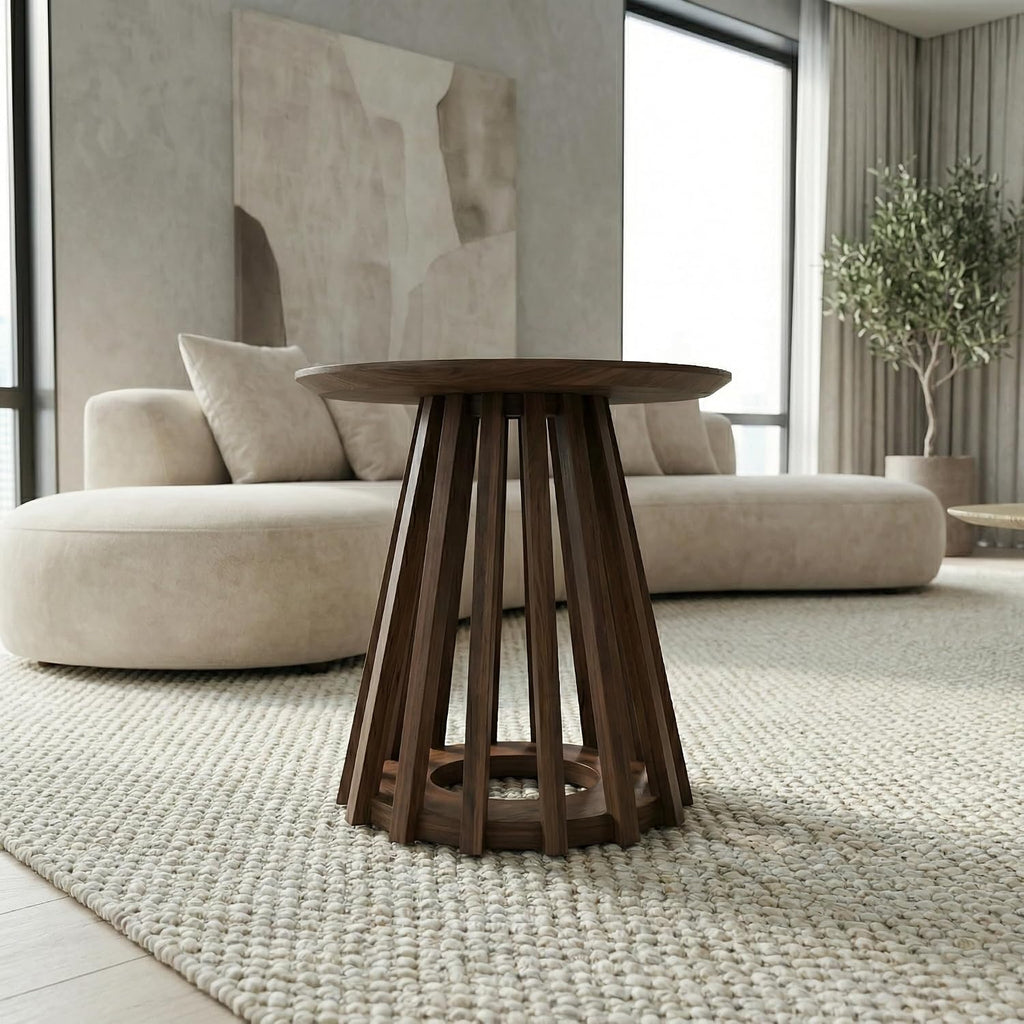DUOMAY Modern Solid Wood Round Side Table with Geometric Base, Wood Accent End Table Center Table for Living Room, Bedroom, Lounge, Office, Walnut