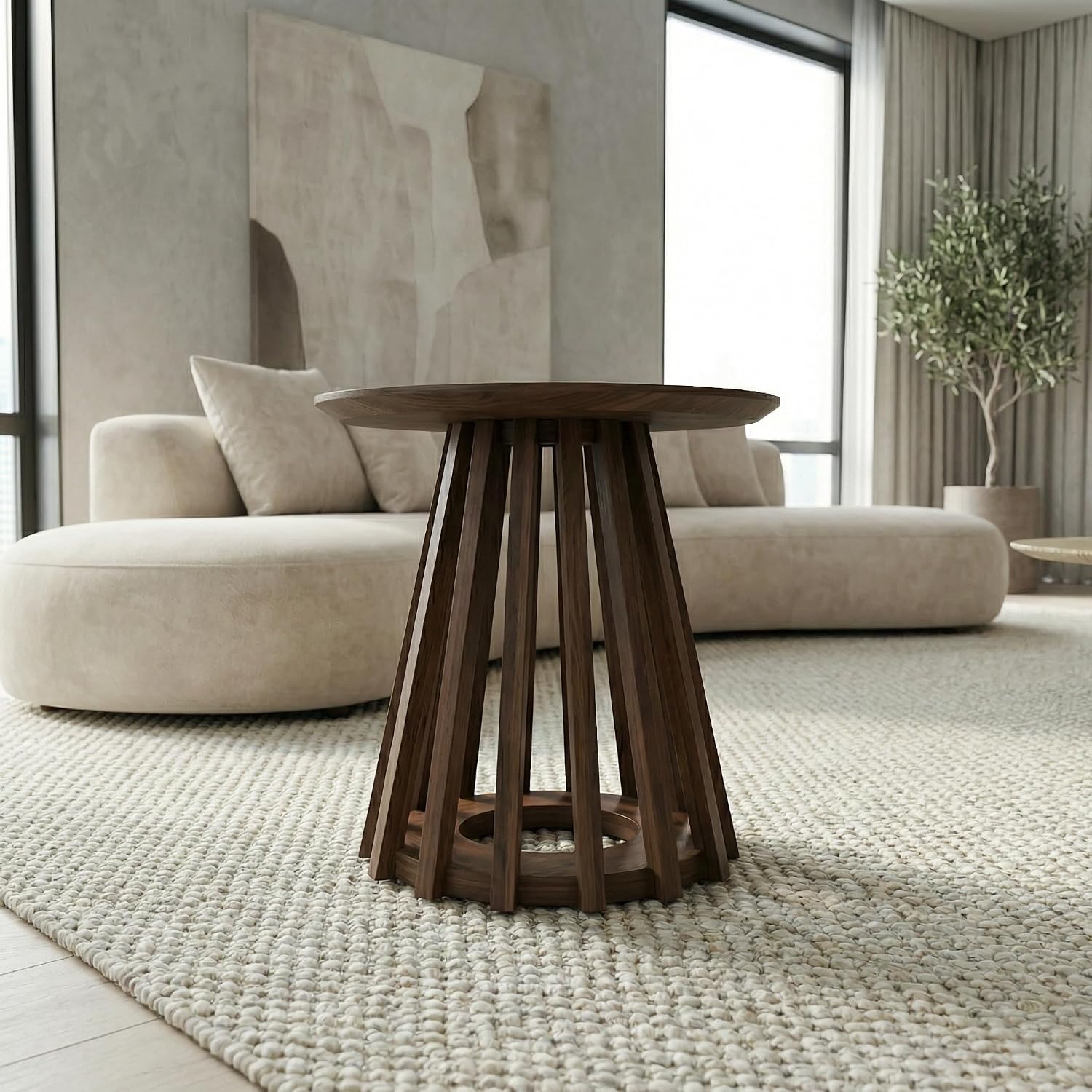 DUOMAY Modern Solid Wood Round Side Table with Geometric Base, Wood Accent End Table Center Table for Living Room, Bedroom, Lounge, Office, Walnut