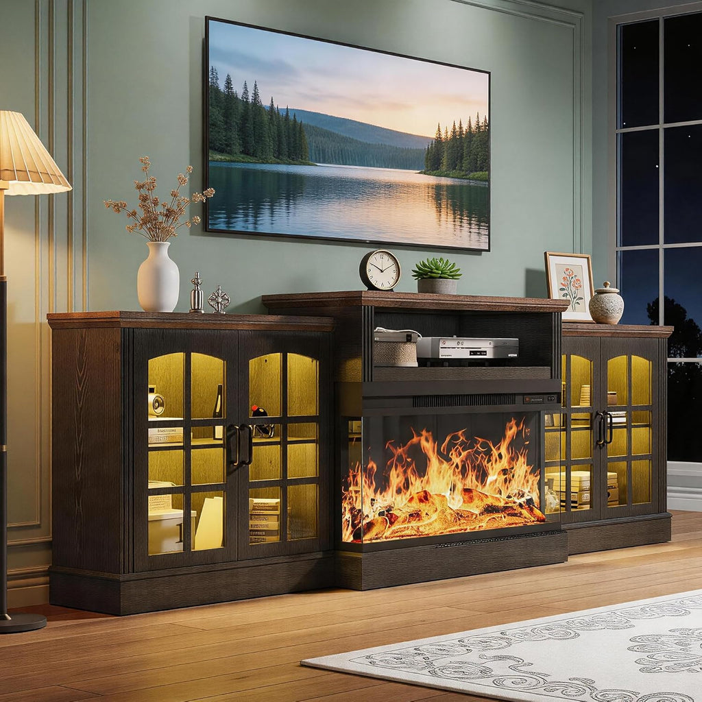 oneinmil 97" Entertainment Center with 36" Electric Fireplace, Farmhouse Fireplace TV Stand for TVs up to 100", Large Media Console Table with LED Lighting & Storage Cabinets, for Living Room, Black