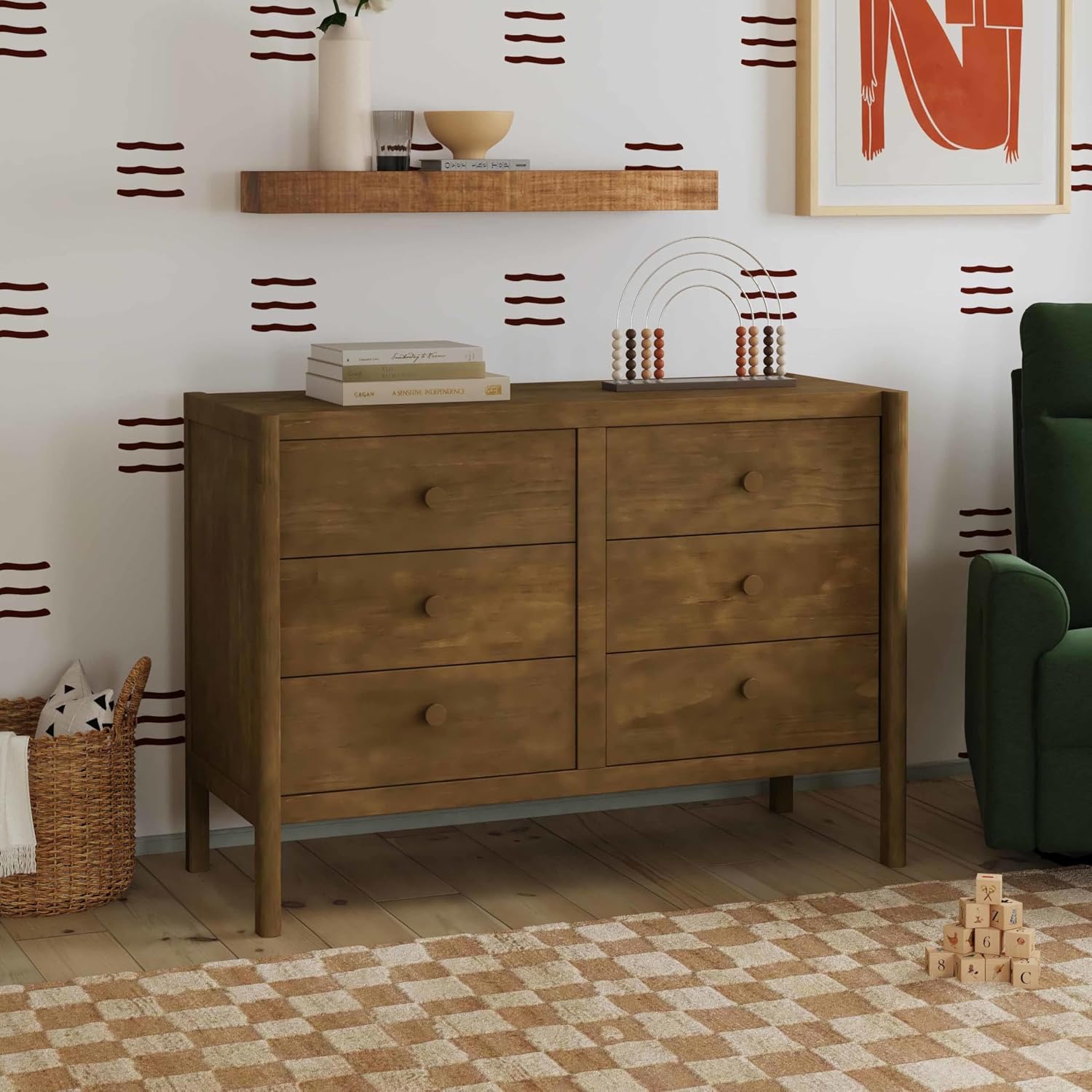 Davinci Birdie 6-Drawer Baby Dresser, GREENGUARD Gold Certified, Walnut | TSCA-Compliant, GREENGUARD Gold Nursery Dresser w/ Spacious Drawers - Double Dresser for Kids w/ 9+ Inch Drawer Extension