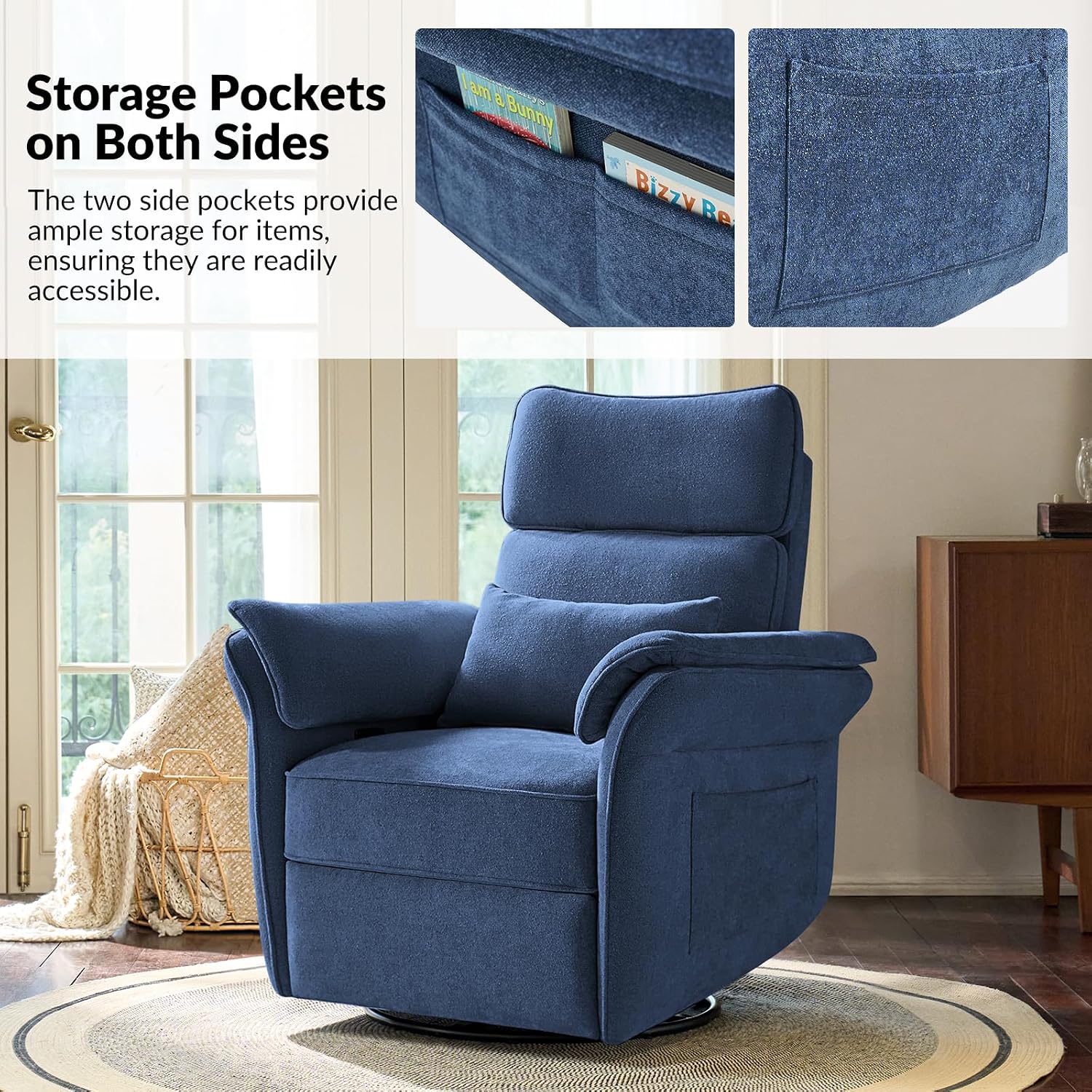 Modern Power Swivel Rocker Recliner Chair with USB Port and Storage Bags, Nursery Glider Recliner with Adjustable Headrest and Armrests, , GREENGARD, FSC, CertiPUR-US® Certified, White