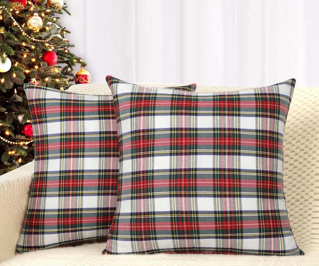 4TH Emotion Set of 2 Christmas Scottish Tartan Plaid Throw Pillow Covers Cushion Case Polyester for Farmhouse Home Decor Red and White, 20 x 20 Inches