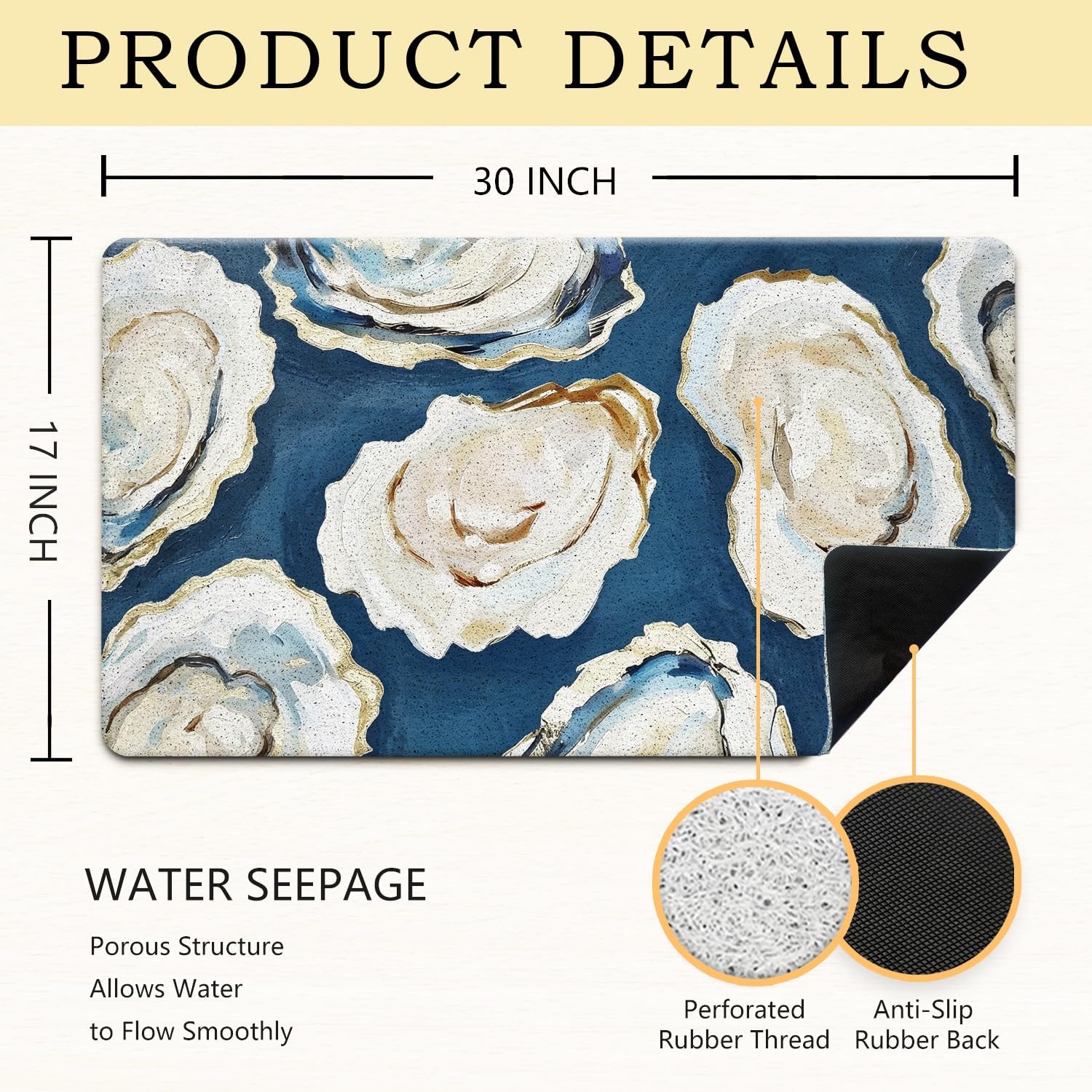 Navy Blue Beach Ocean Oyster Door Mat, Abstract Oyster Shell Coastal Ocean Doormat Indoor Outdoor Entrance Entryway, Beach Welcome Mats for Front Door Outside, 17x30 Inches