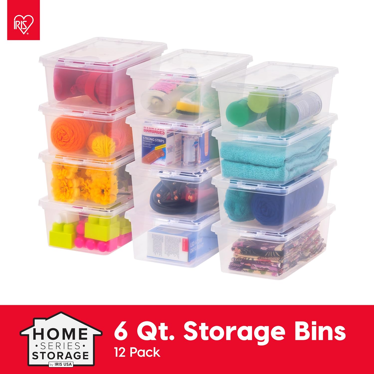 IRIS USA 12-Pack Plastic Storage Bins with Lids, 7 Quart Stackable Clear Organizing Containers, Durable BPA-Free Latching Boxes for Home, Office, Garage & Closet Organization, Medium Size, Clear