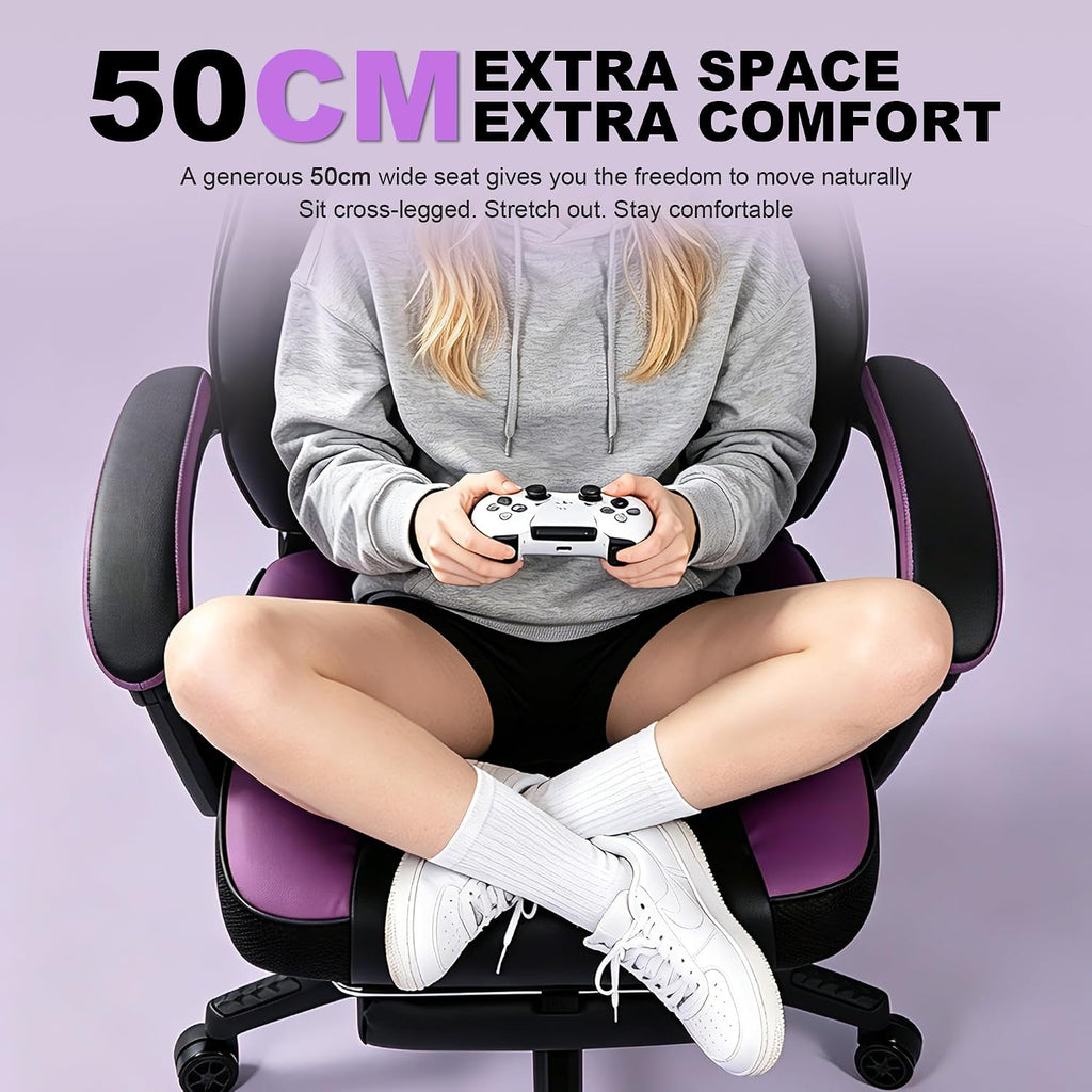 Big and Tall Gaming Chair 400lbs with Footrest - Heavy Duty Ergonomic Computer Office Chair for Adults, Wide Desk Chair with Pocket Spring Cushion & Linkage Armrests Purple