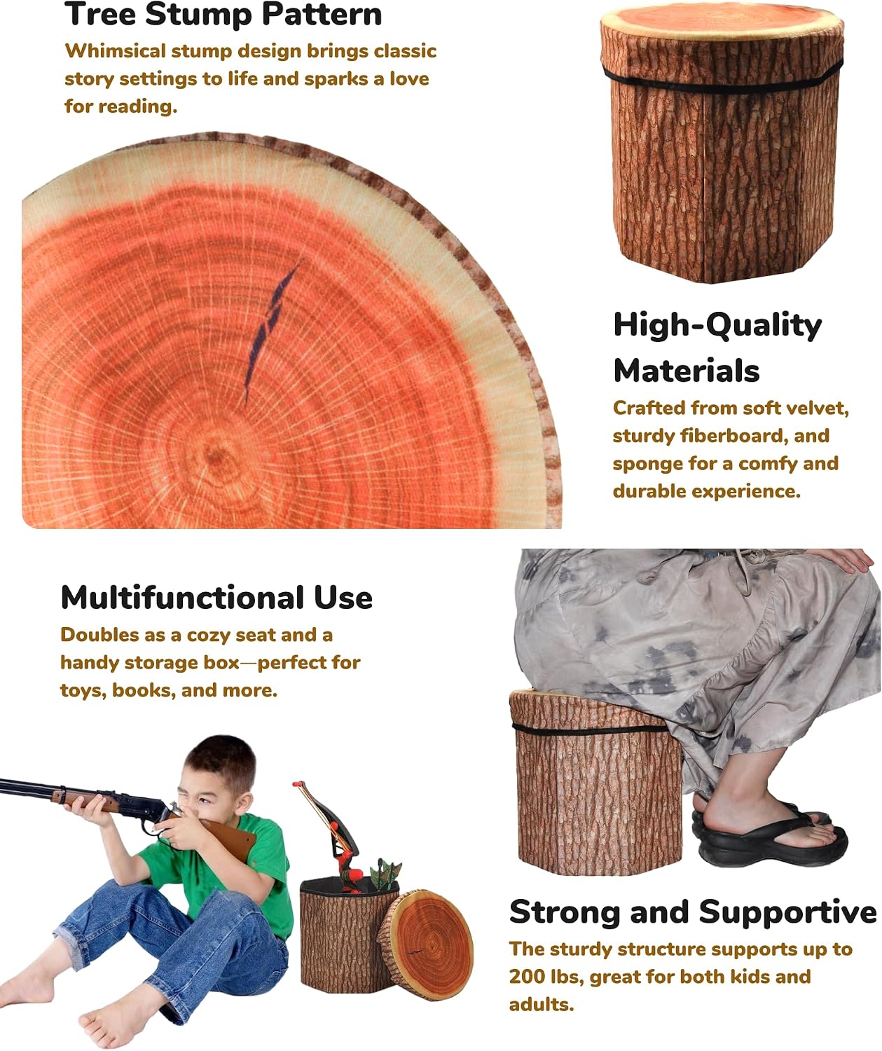 CHEFAN Fruit Storage Stool Ottoman,Tree Stump Stool, Cute Folding Storage Toy Box, Collapsible Seat Chest, Wood Stump Organizer Stool for Toy, Cloth and Kids