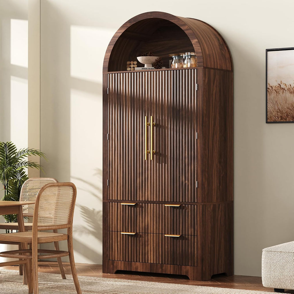 Merax 72" Tall Arched Kitchen Pantry Cabinet with 2 Drawers, Mid Century Modern Fluted Storage Cabinet with 3 Adjustable Shelves & 8 Door Shelves, Wooden Cupboard Organizer for Kitchens (Walnut)